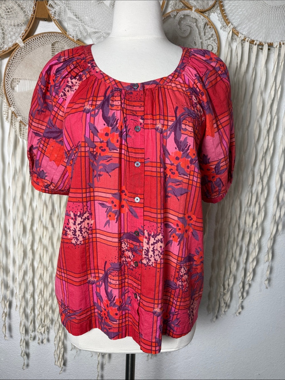 Sundance Colorful Pink Red Purple Puff Sleeve Button Down Floral Shirt XL/P